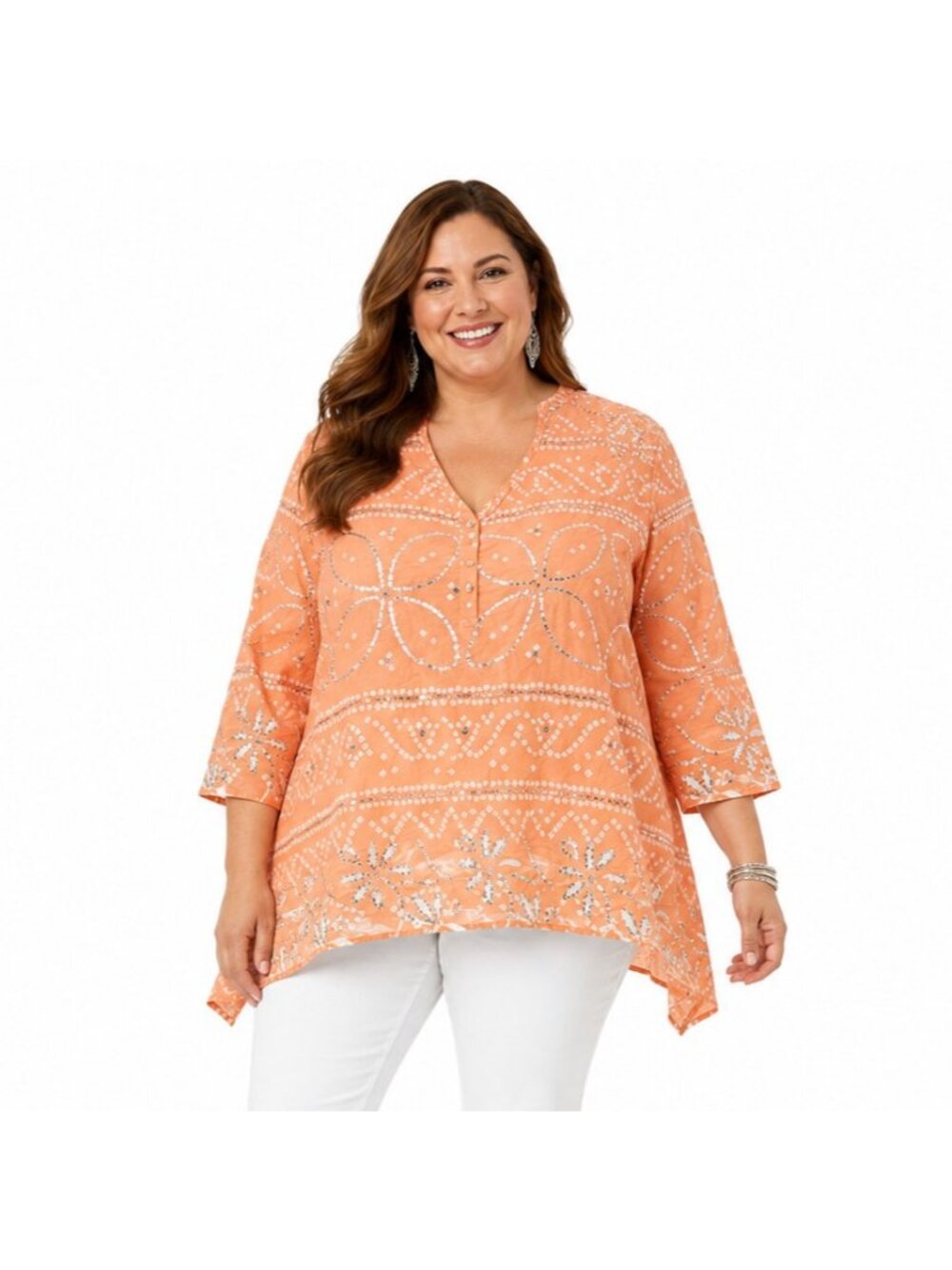 Soft Surroundings Bora Bora Tunic Womens Orange White Sequin Boho Pullover